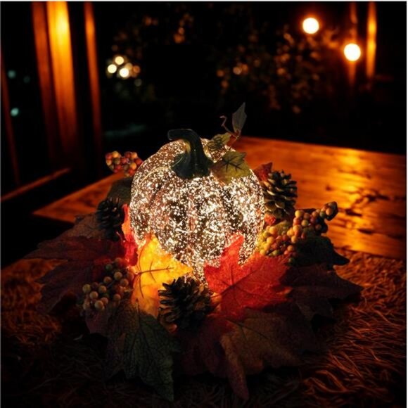 Lighted Pumpkin Fall Decor – LED Thanksgiving Decoration with Faux Maple - Picture 6 of 8
